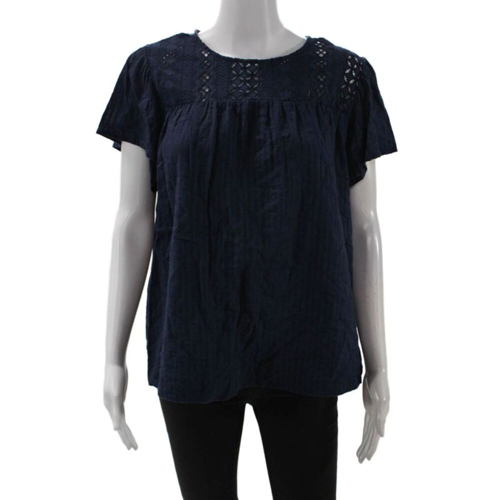 Designer Womens Bohemian Dark Blue Button Up Blouse Short Sleeve Size S